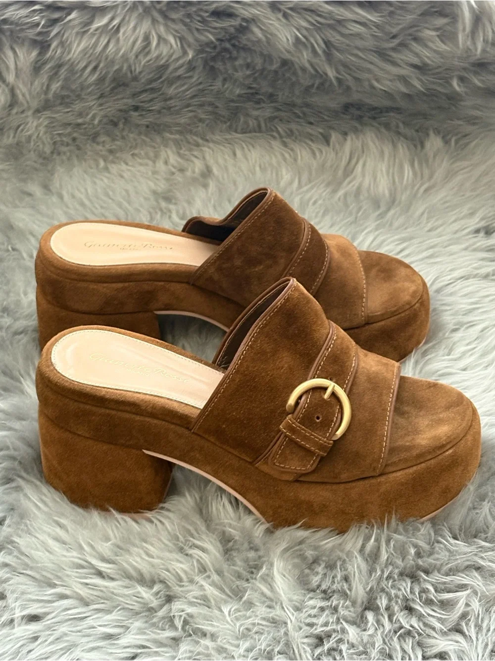 Gianvito Rossi Brown Suede Platform Mule Slides with Gold Buckle